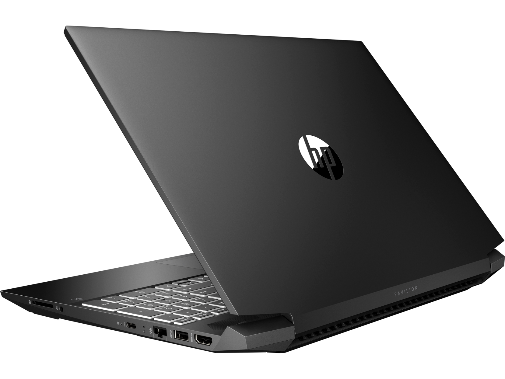 Ordenador portátil negro, abierto en ángulo, mostrando el teclado y el logotipo de HP en la parte trasera.