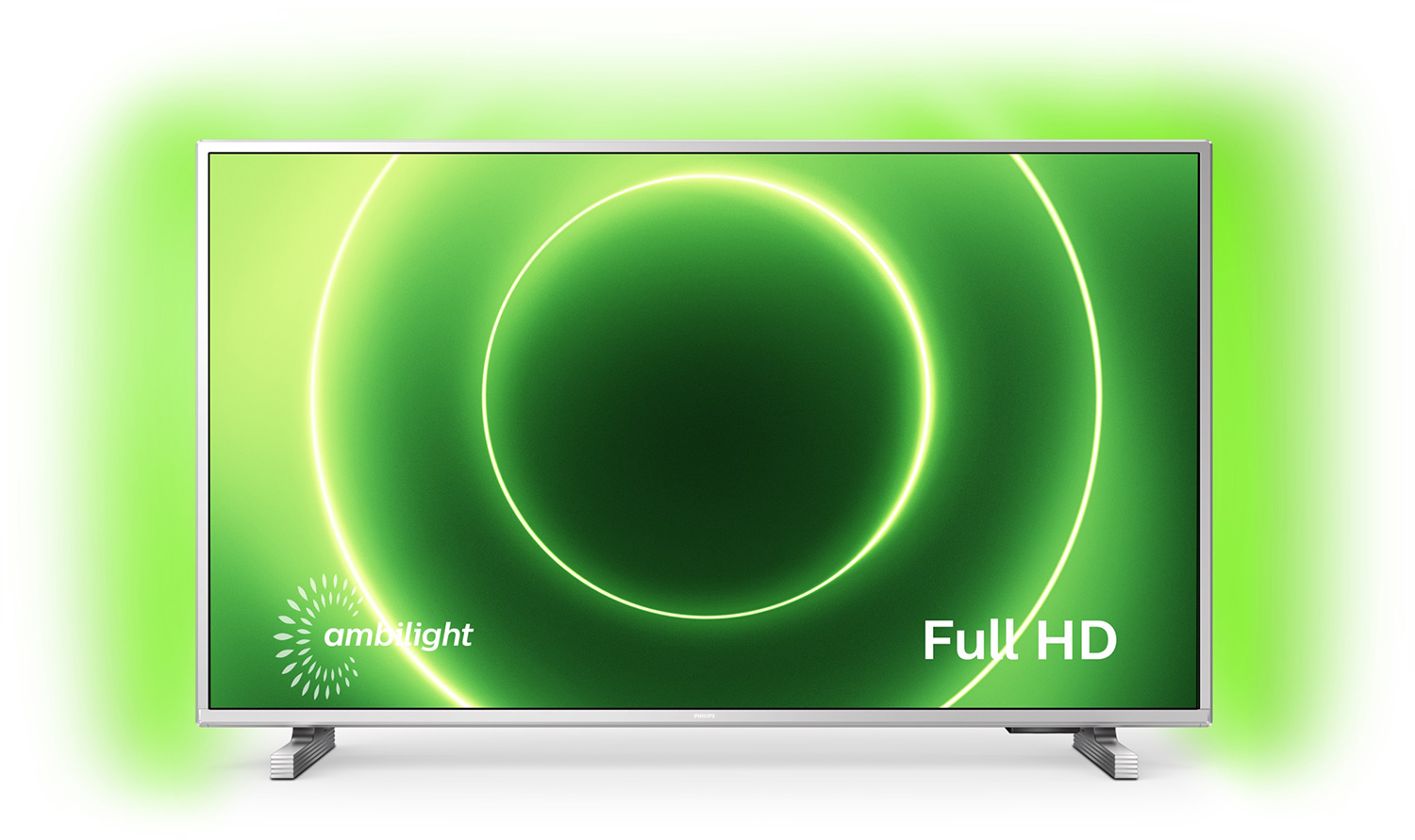 Philips Ambilight TV. Full HD, groen licht rond het scherm, zilveren standaard.