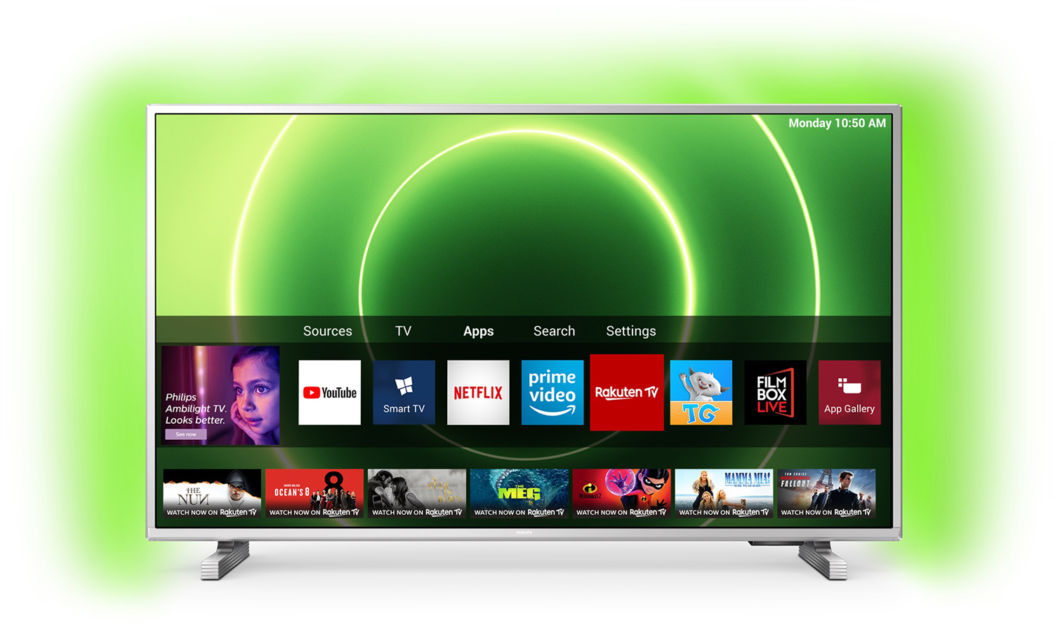 Een smart tv toont een menu met apps zoals YouTube, Netflix en Prime Video.