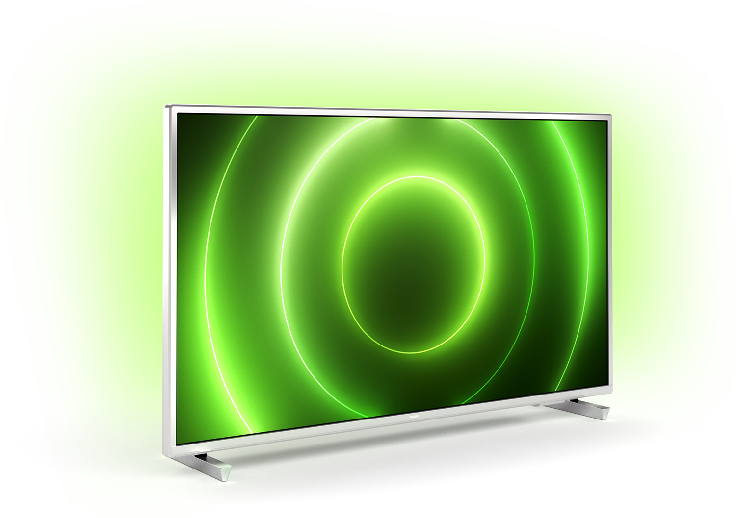 Tv met een groen, gloeiend, cirkelvormig ontwerp op het scherm. Zilveren frame en standaard. Witte achtergrond.