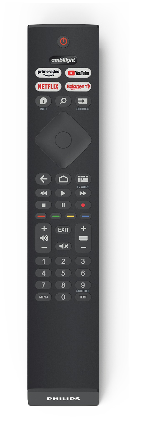 Zwarte tv-afstandsbediening. Het heeft knoppen voor streamingdiensten en navigatie.