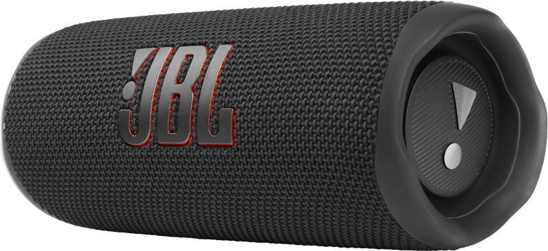 Enceinte JBL noire avec des accents orange. Forme cylindrique avec boutons et logo JBL. Accent sur le son.