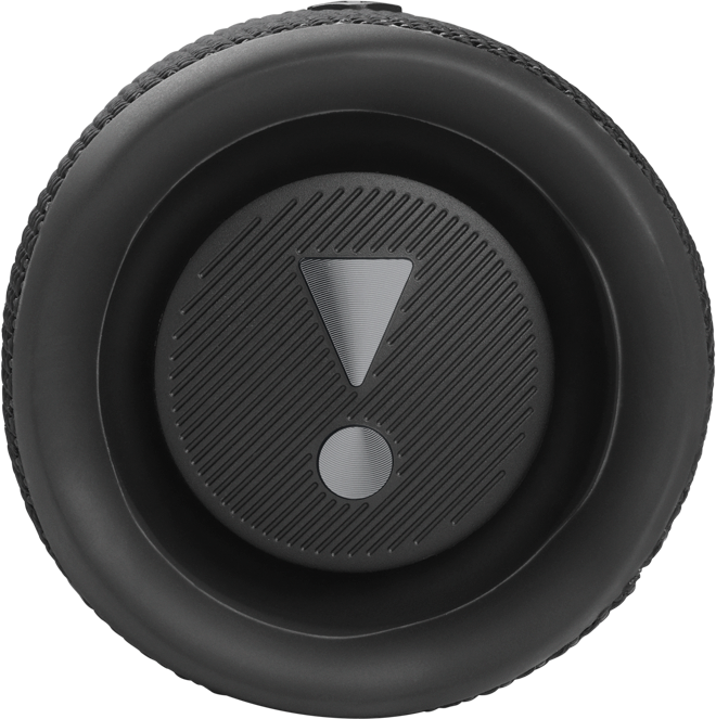 Gros plan sur un haut-parleur noir avec un élément circulaire central et un point d'exclamation.