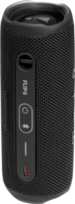 Enceinte JBL Flip 6 noire, avec boutons d'alimentation, Bluetooth et volume. Texture en maille noire.