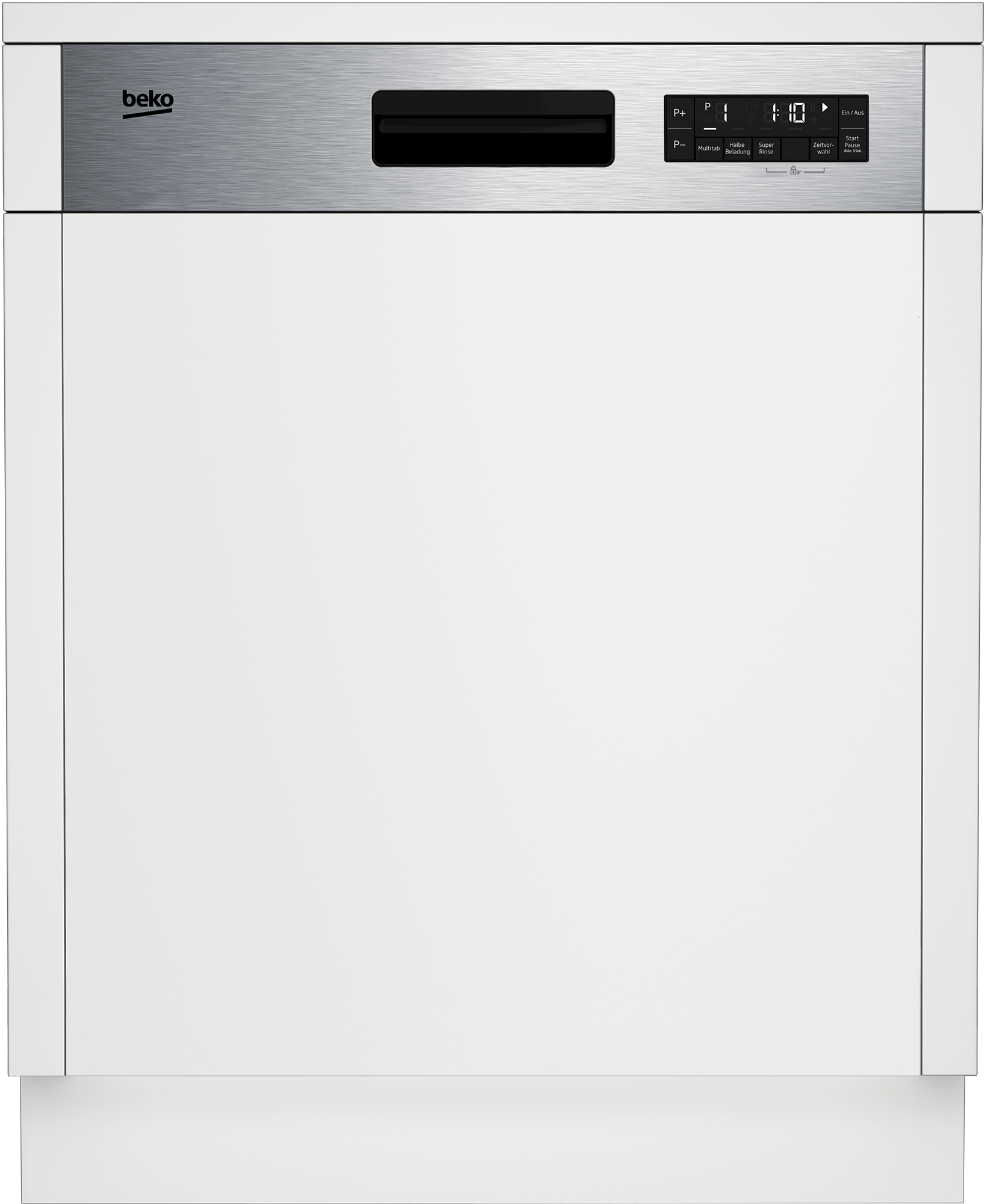 Weißer Beko-Geschirrspüler. Silbernes Bedienfeld mit Knöpfen und Display.