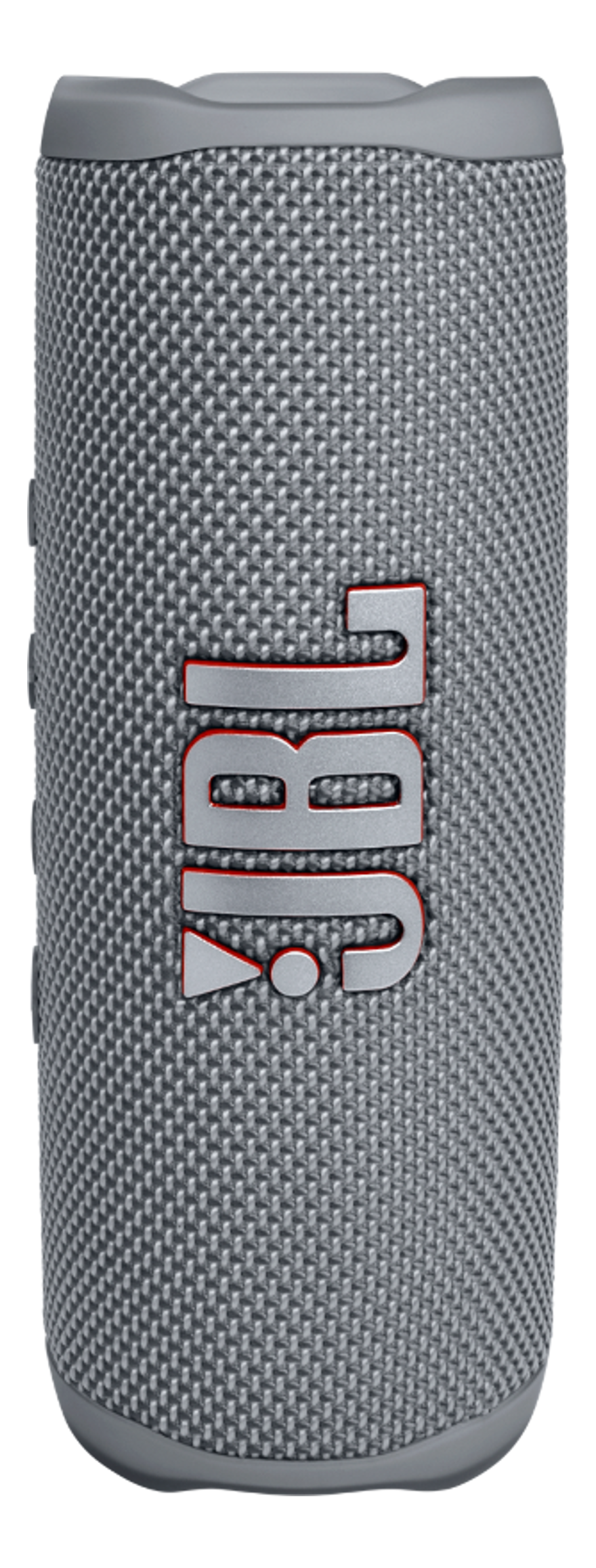 Enceinte JBL grise avec texte 'JBL' rouge, forme cylindrique.