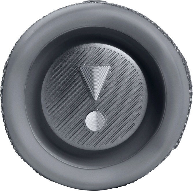 Gros plan sur un haut-parleur gris avec un triangle central et un bouton circulaire.