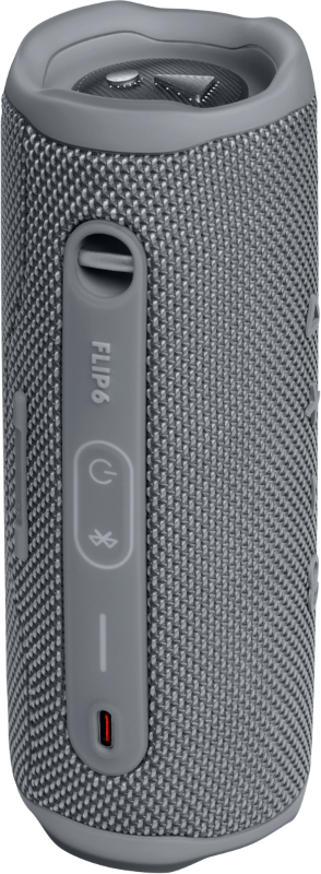 Haut-parleur cylindrique gris avec des boutons de commande sur un côté, y compris les commandes d'alimentation, Bluetooth et volume.