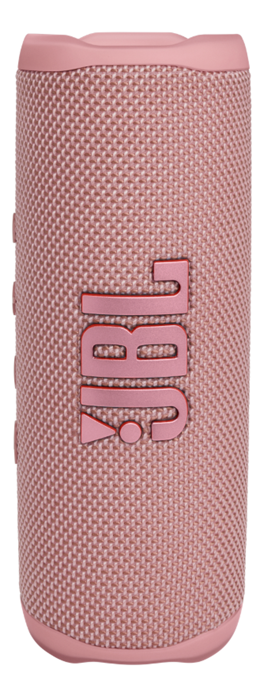 Une enceinte JBL rose. Elle est cylindrique avec une surface texturée et le logo JBL est visible.