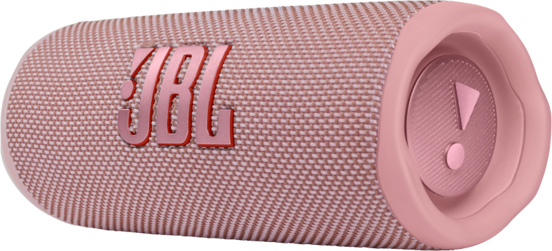 Un haut-parleur JBL rose avec le logo et un panneau de commande.