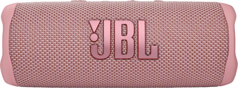 Enceinte JBL rose avec logo JBL rose, sur fond de maillage rose.