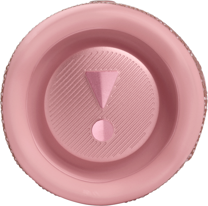 Un haut-parleur rose avec un grand logo de point d'exclamation sur le dessus, entouré d'un anneau texturé.