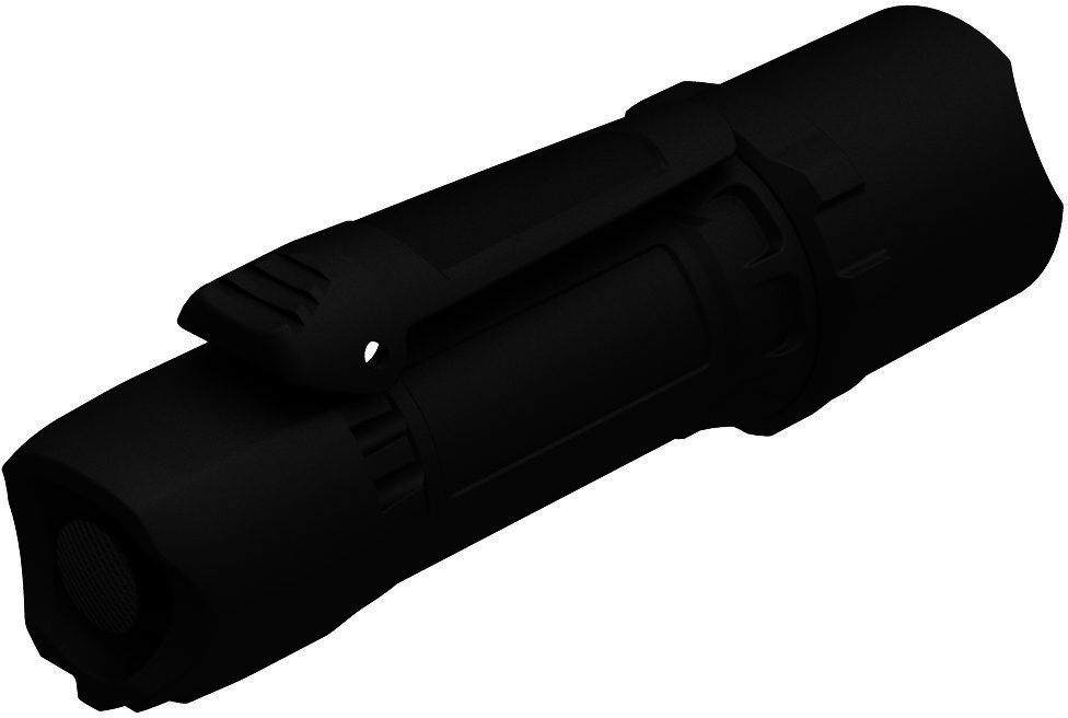 Eine schwarze Taschenlampe. Sie hat einen Clip und ein strukturiertes Ende für den Griff.