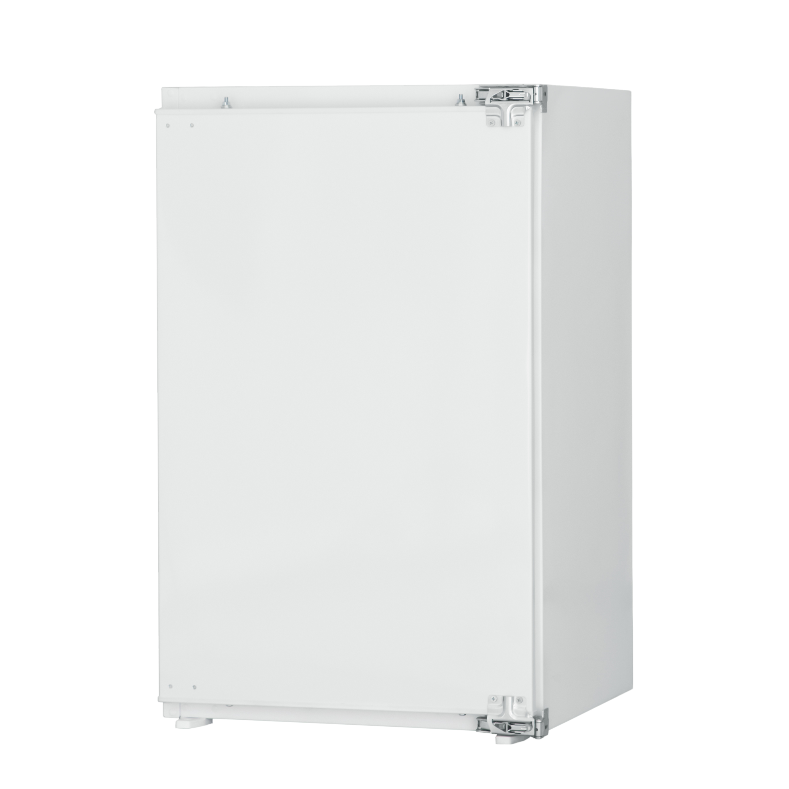 Ein weißer Einbaukühlschrank auf weißem Hintergrund. Er hat zwei Türen und einige mechanische Teile.