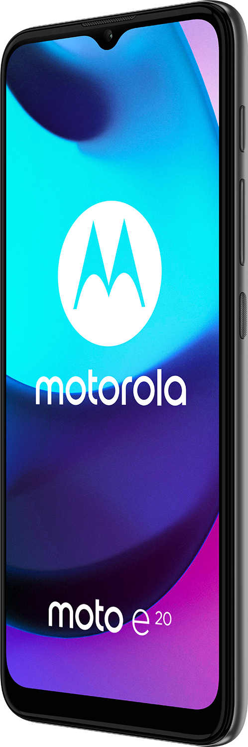 Een grijze Motorola-telefoon met een blauwe en paarse gradiëntachtergrond en de logo's 'motorola' en 'moto e 20'.