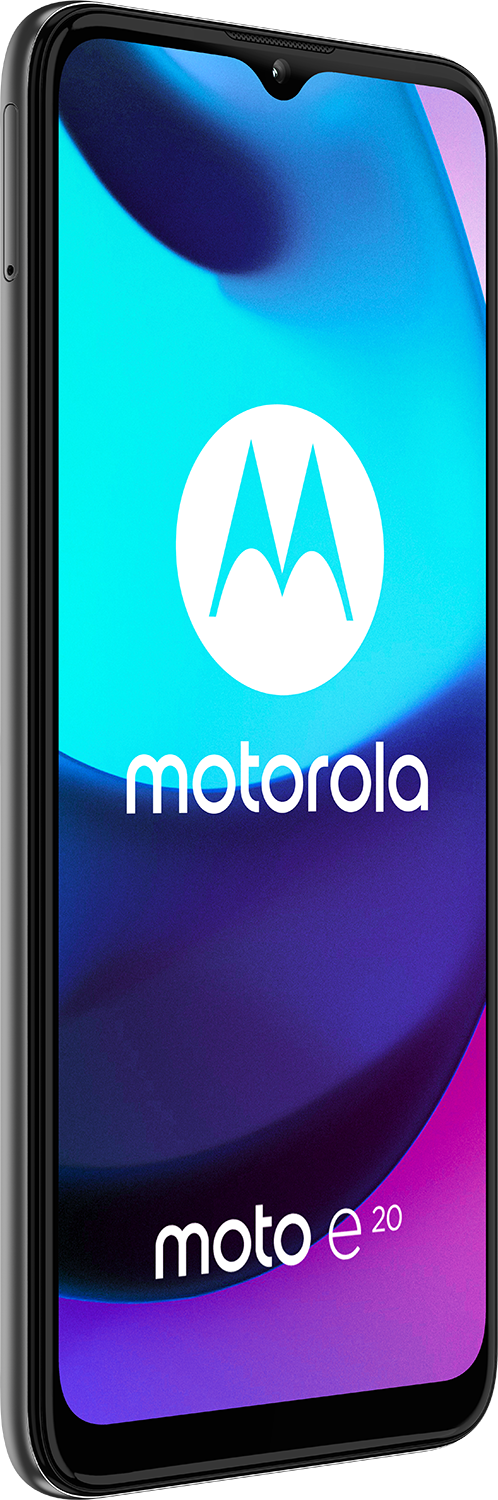 Motorola Moto e20 smartphone, grijze rand, blauw en paars scherm.