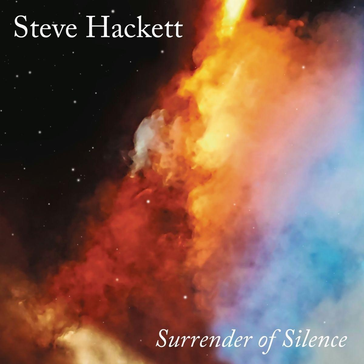 Albumcover: Steve Hacketts „Surrender of Silence“. Zeigt eine farbenfrohe, abstrakte Wolkenlandschaft mit Sternen.