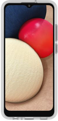 Een smartphonescherm met een witte hoes toont drie abstracte vormen: crèmekleurig, rood en marineblauw, met een camera bovenaan.