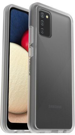 Een Samsung-telefoon in een doorzichtige Otterbox-hoes. Het scherm toont een kleurrijke achtergrond. De hoes is grijs en transparant.