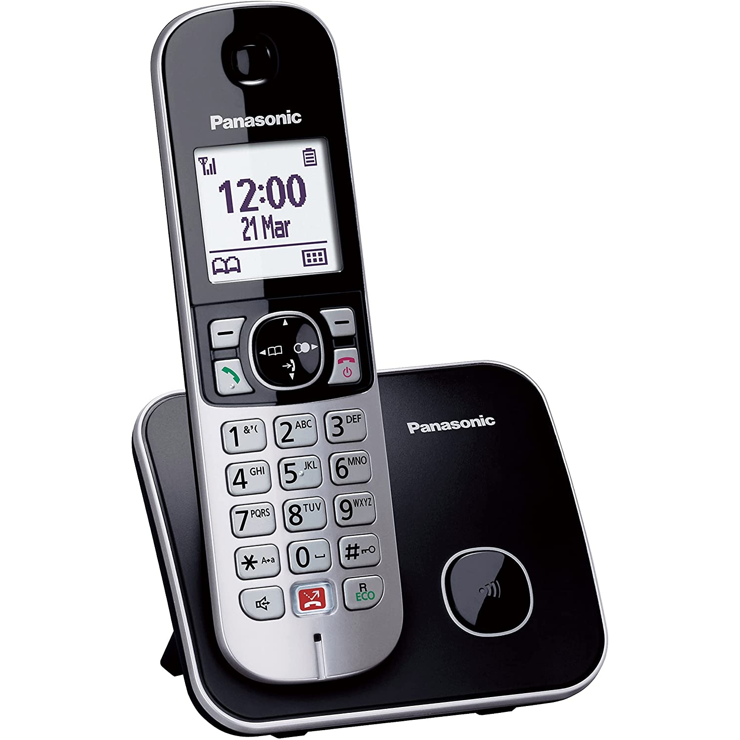 Teléfono inalámbrico Panasonic, base y auricular. La pantalla muestra la hora y la fecha. Plata y negro.