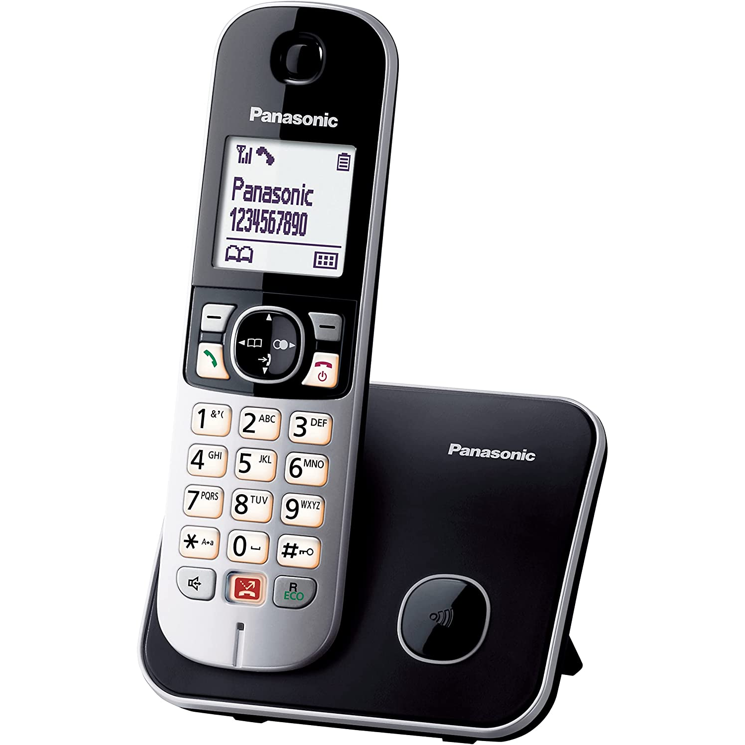 Teléfono inalámbrico Panasonic negro y plateado con pantalla digital y botones numéricos.