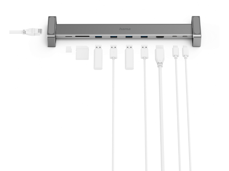 Hama USB-C hub csatlakoztatott fehér kábelekkel, fehér háttérrel.