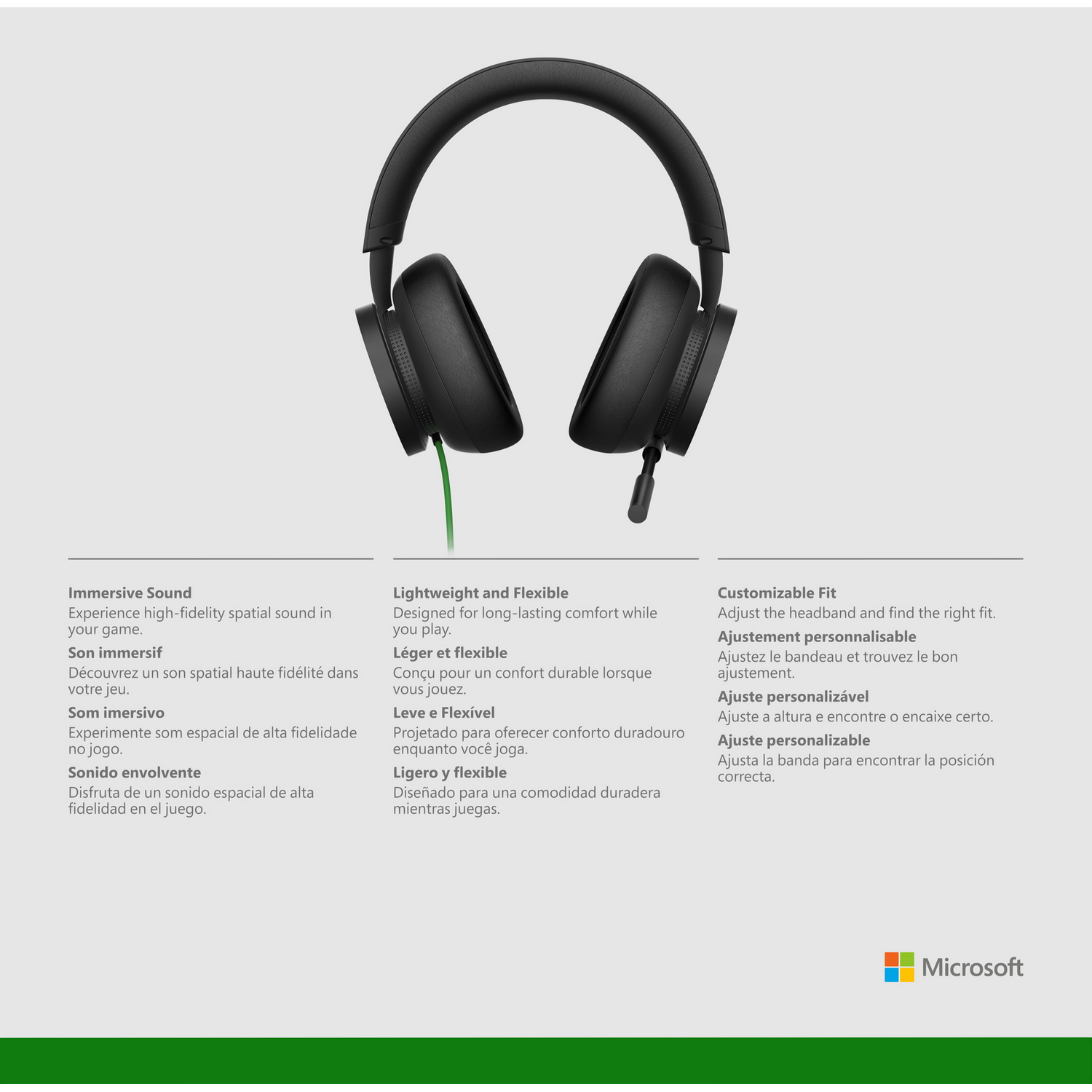 Auriculares Microsoft con texto sobre funciones y traducciones.