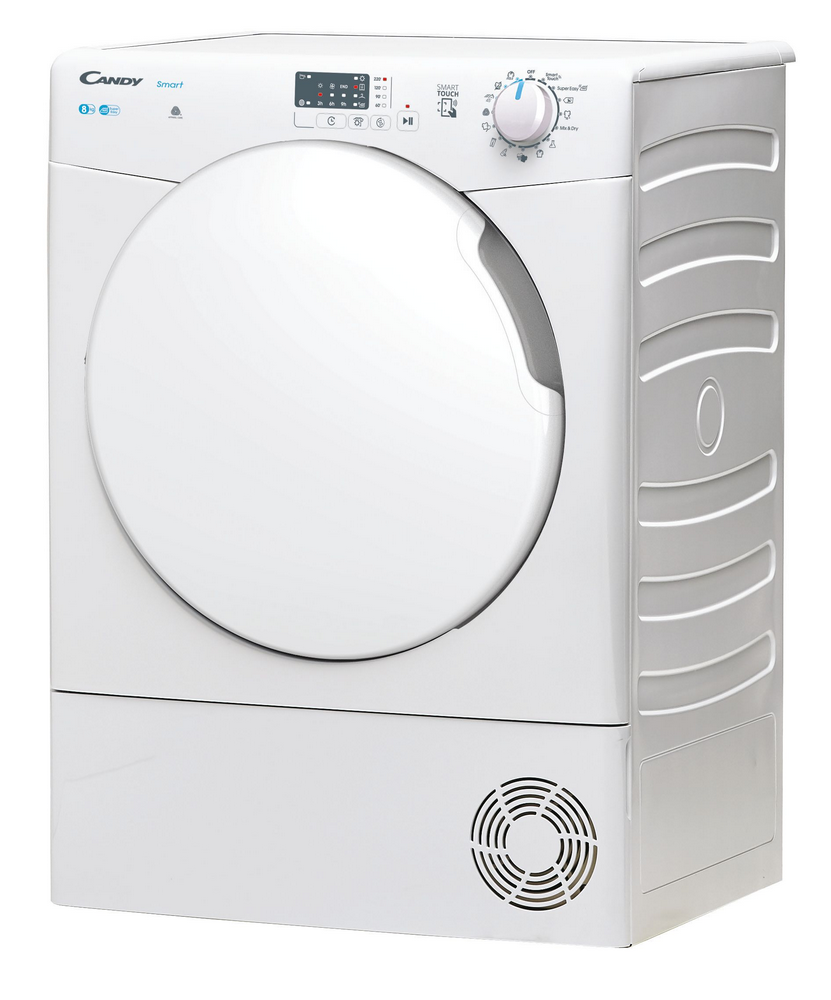 Lavadora blanca, con panel de control, puerta cerrada y ventilación en la base.