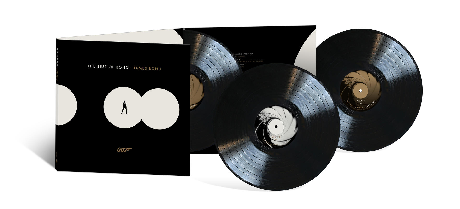 Schallplatten mit schwarzem Cover mit der Aufschrift THE BEST OF BOND... und Silhouetten.
