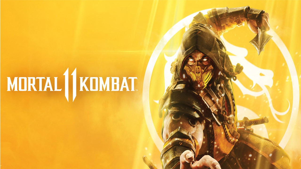 Mortal Kombat 11 oyun kapağı. Sarı ve siyah kıyafetli Scorpion, silah tutuyor. Sarı zemin.