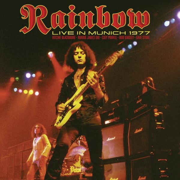 A Rainbow együttes lemezborítója, élőben játszik a müncheni színpadon 1977-ben. Ritchie Blackmore gitározik.