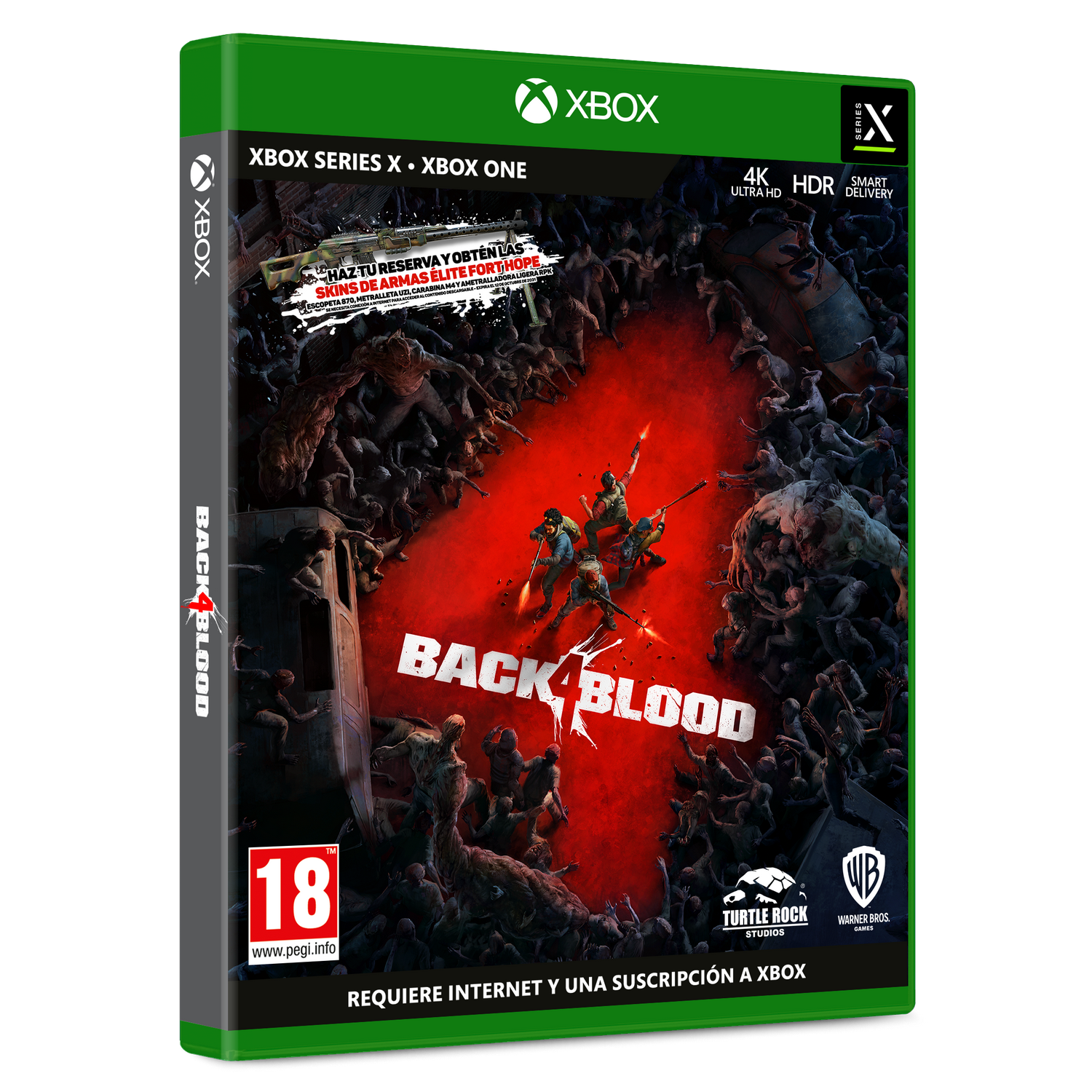 Caja del juego Back 4 Blood. La carátula presenta a cuatro personas disparando a zombis en un entorno rojo.