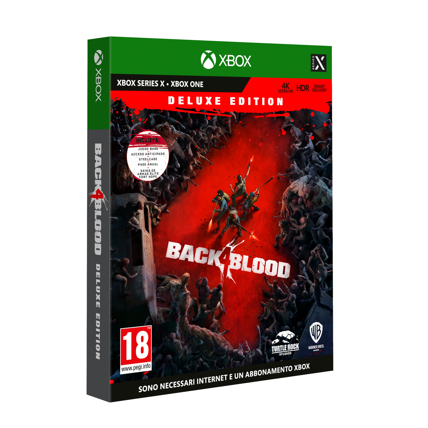 Caja del juego Back 4 Blood Deluxe Edition. Presenta arte del juego y logotipos con clasificación 18 y marca Xbox.