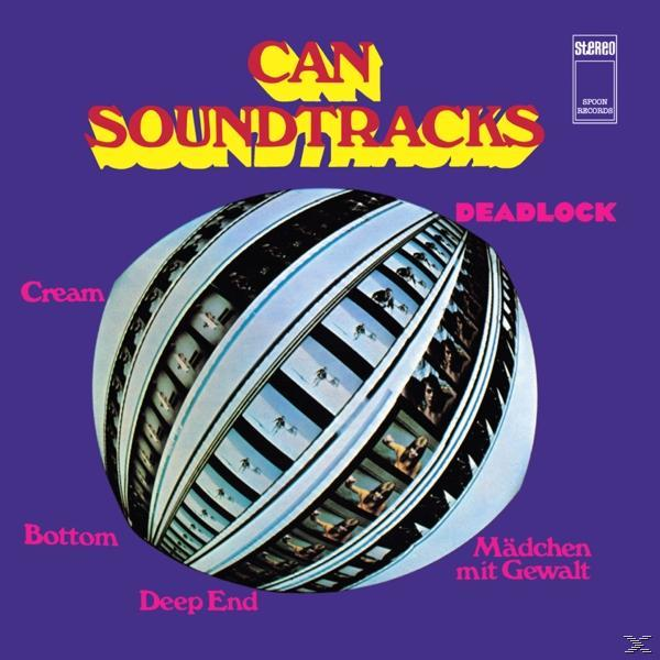 Albumcover mit einer filmstreifenartigen Kugel und Text: CAN SOUNDTRACKS. Lila Hintergrund.