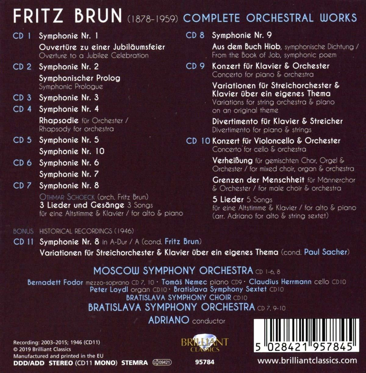 Ein CD-Cover mit Text über Fritz Bruns vollständige Orchesterwerke, einschließlich Orchesterbezeichnungen.