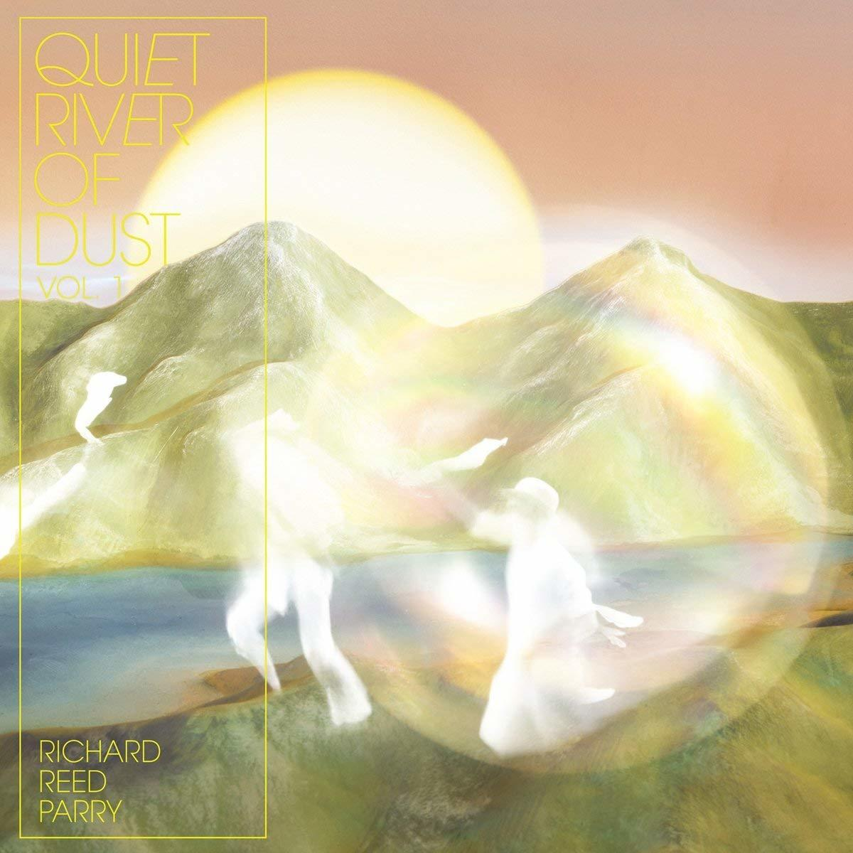 Pochette d'album. Paysage de montagne avec soleil, deux figures et texte : Quiet River of Dust.