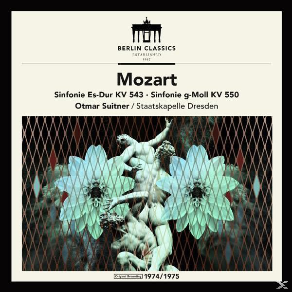 Albumcover für Mozarts Sinfonie. Das Artwork zeigt Statuen und Blumen in einem Diamantraster.