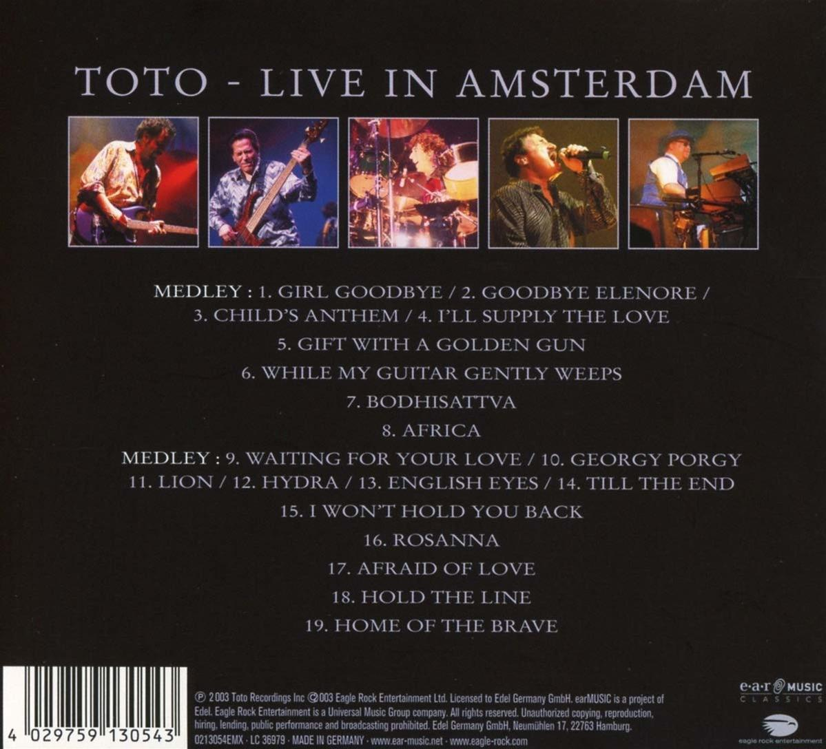 Rückseite des Toto-Live-Albums in Amsterdam. Enthält Titelliste und Bandmitgliederfotos.