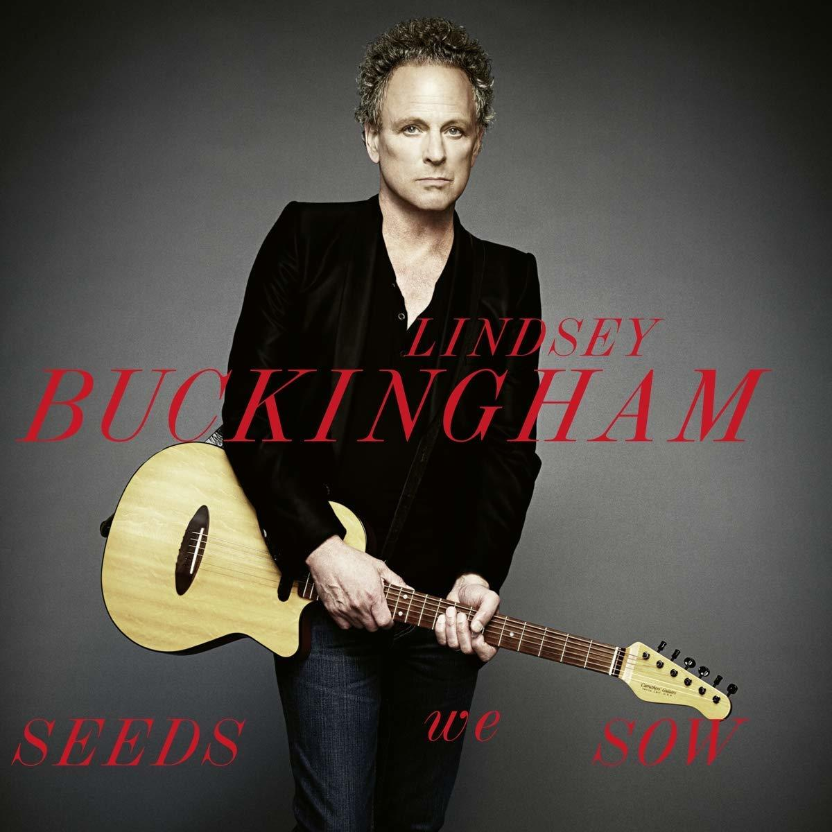 Lindsey Buckingham mit Gitarre. Roter Text: Lindsey Buckingham, Seeds We Sow.