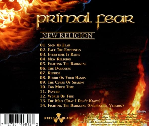 Rückseite des Albums 'New Religion' von Primal Fear, mit Titelliste und Bandlogo.