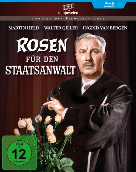 Film-DVD-Cover, Mann im schwarzen Mantel mit Rosen. Titel: Rosen für den Staatsanwalt.