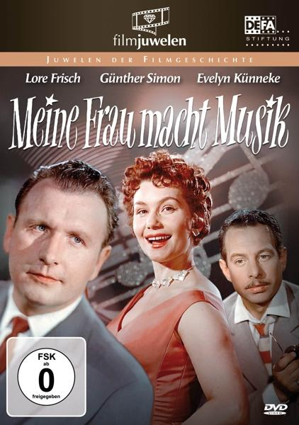 Filmposter mit drei Personen. Text auf Deutsch: Meine Frau macht Musik.