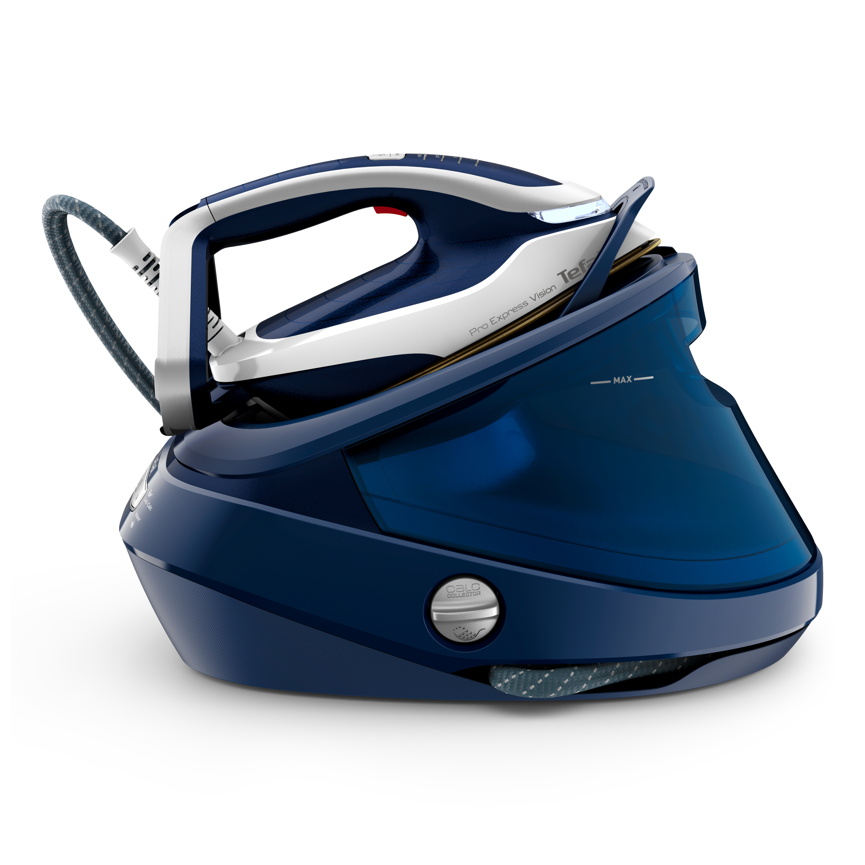 Ein blau-weißes Tefal Pro Express Vision Bügeleisen auf weißer Oberfläche.