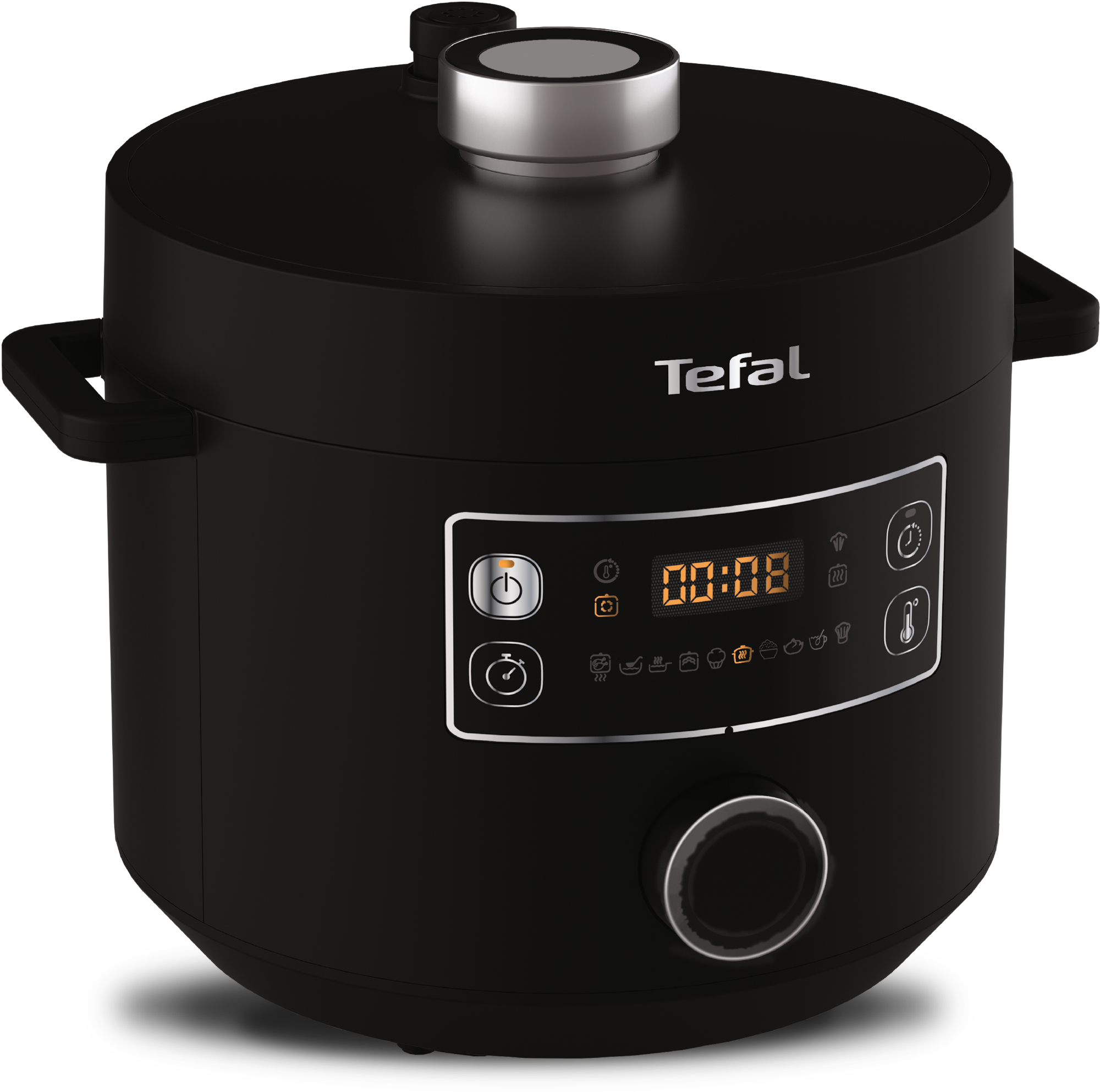 Ein schwarzer Tefal-Schnellkochtopf mit Digitalanzeige '00:08' und verschiedenen Kochfunktionssymbolen.