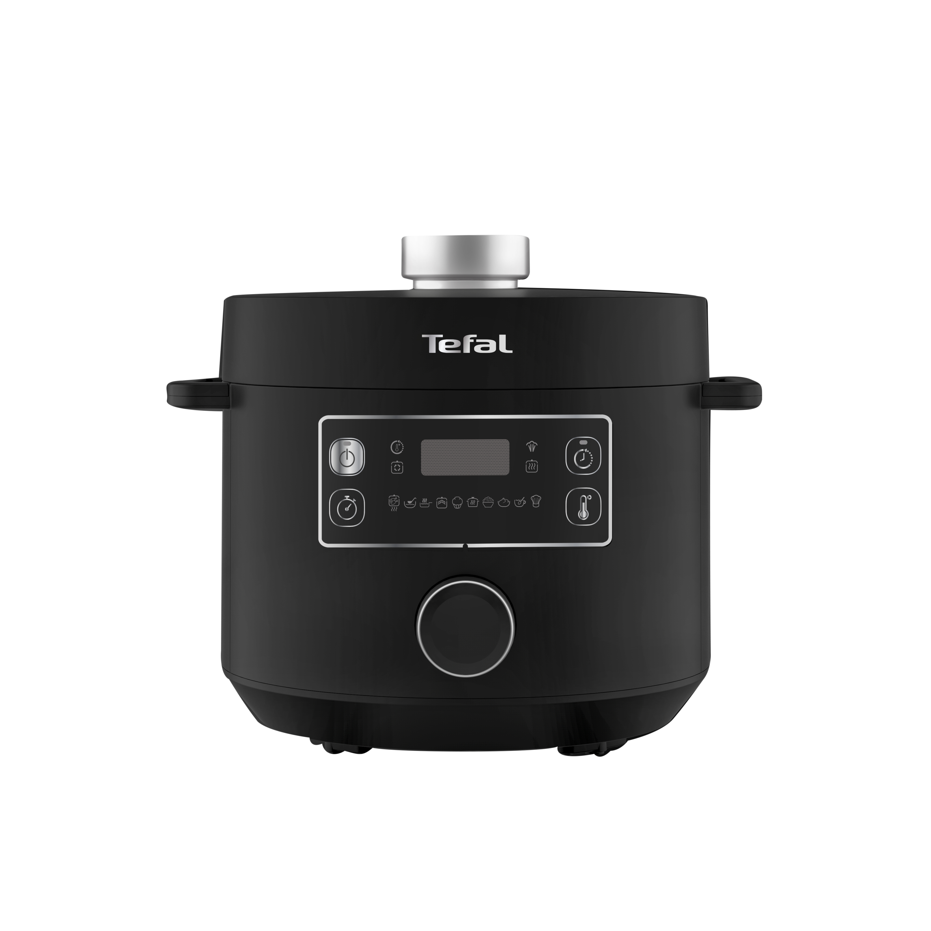 Schwarzer Tefal Multikocher mit digitalem Display und Bedienfeld an der Vorderseite.