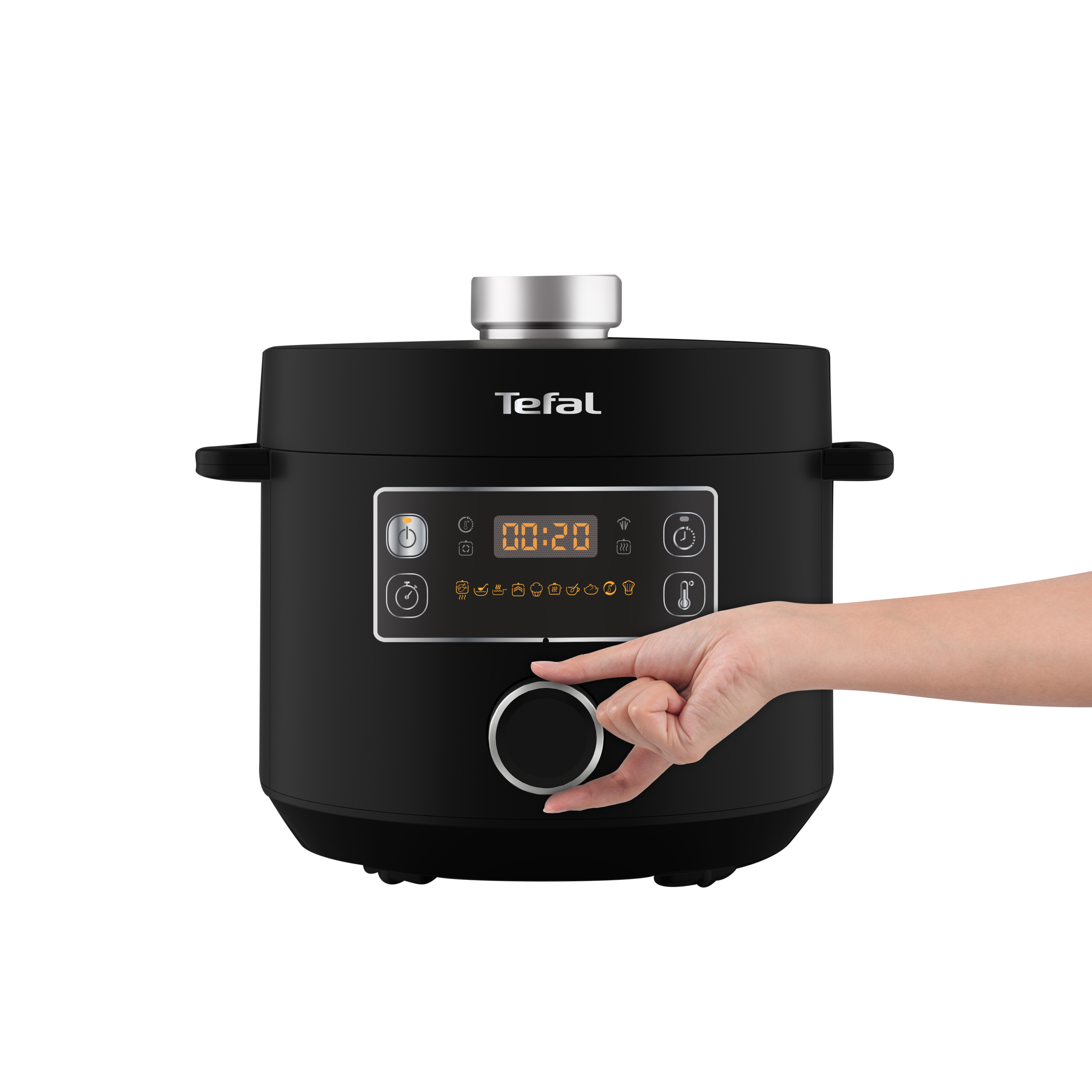 Schwarzer Tefal Multikocher mit Hand, die einen Drehregler dreht.