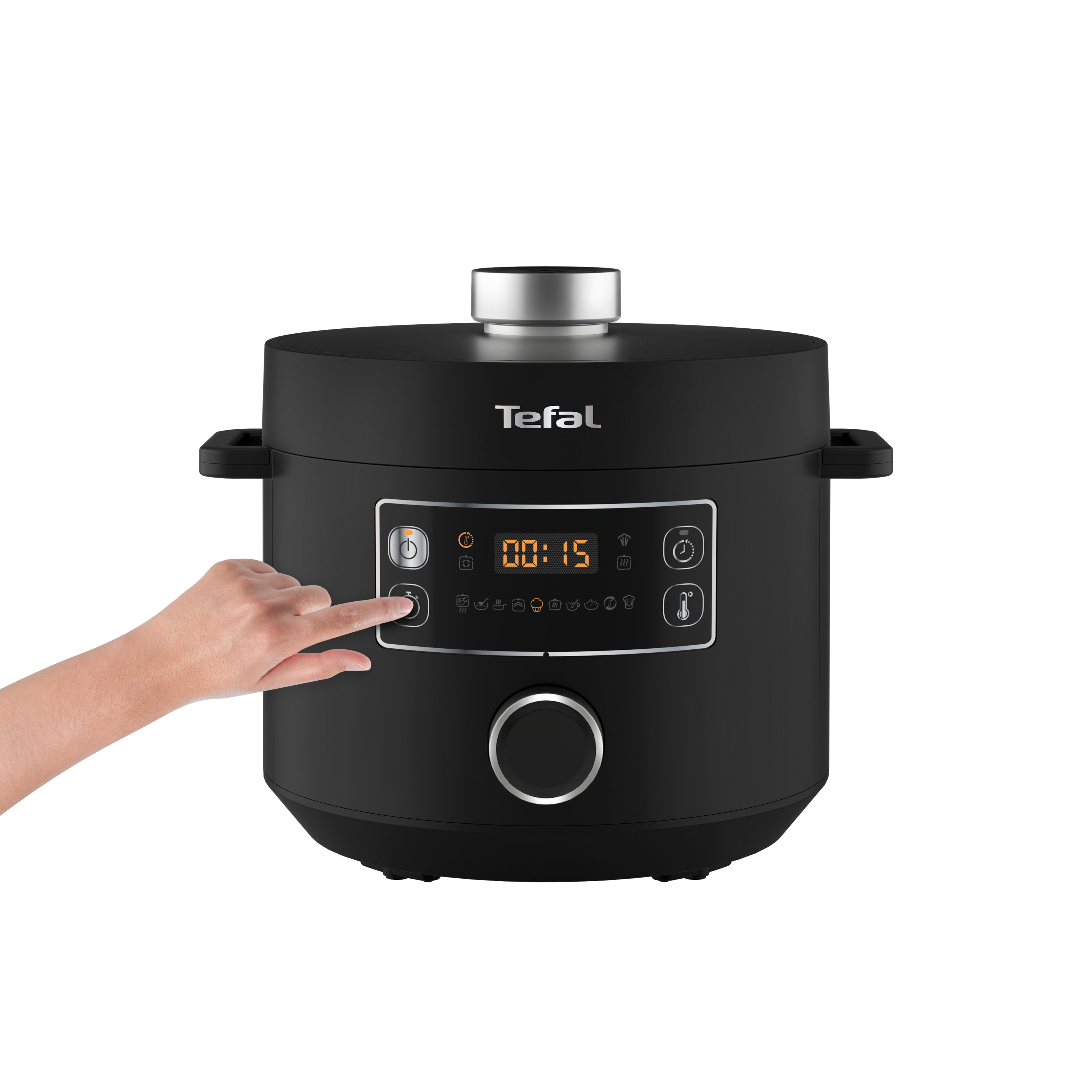 Ein schwarzer Tefal Multikocher mit einer Hand, die einen Knopf am Bedienfeld drückt.
