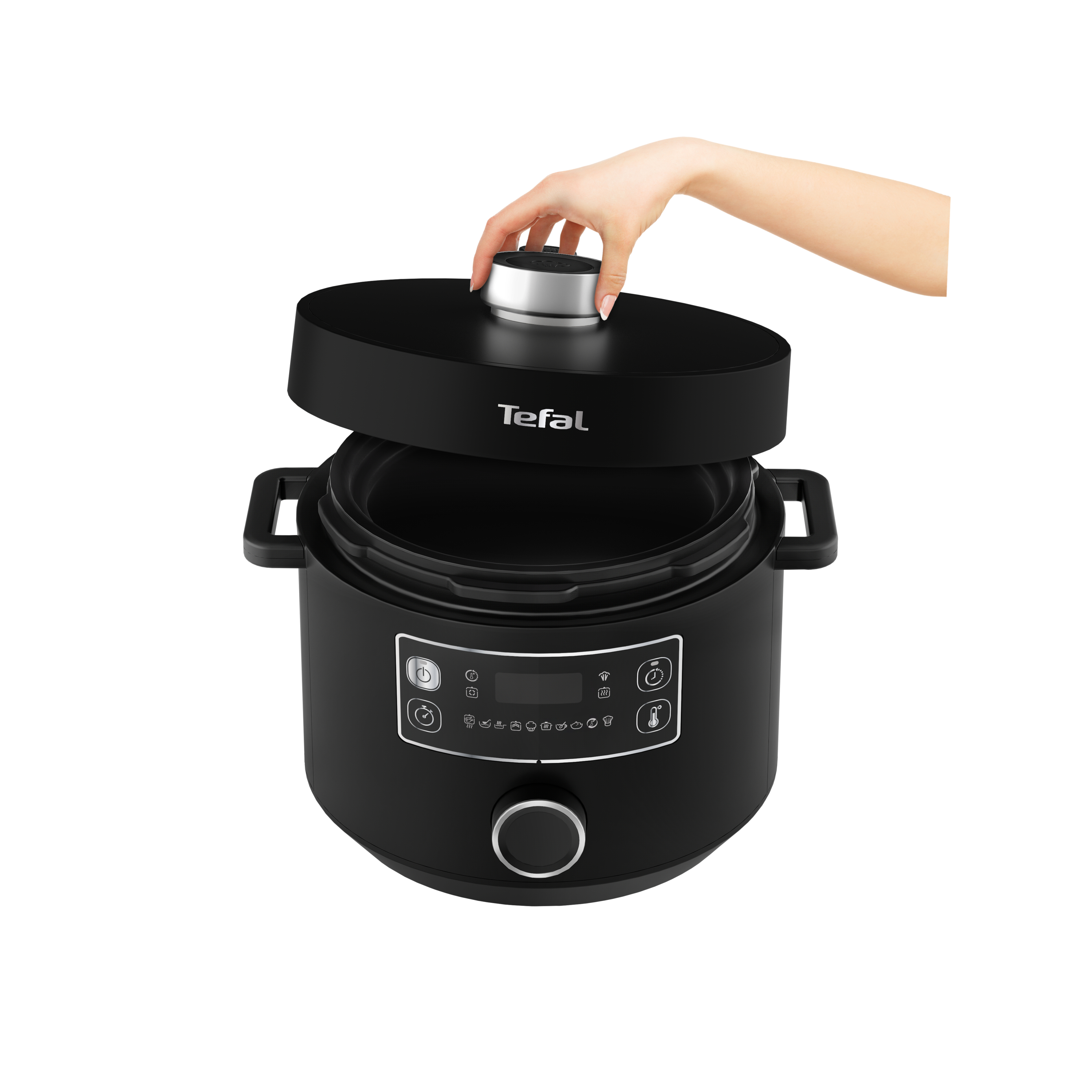 Schwarzer Tefal Kochtopf mit einer Hand, die den Deckel anhebt. Weißer Hintergrund.
