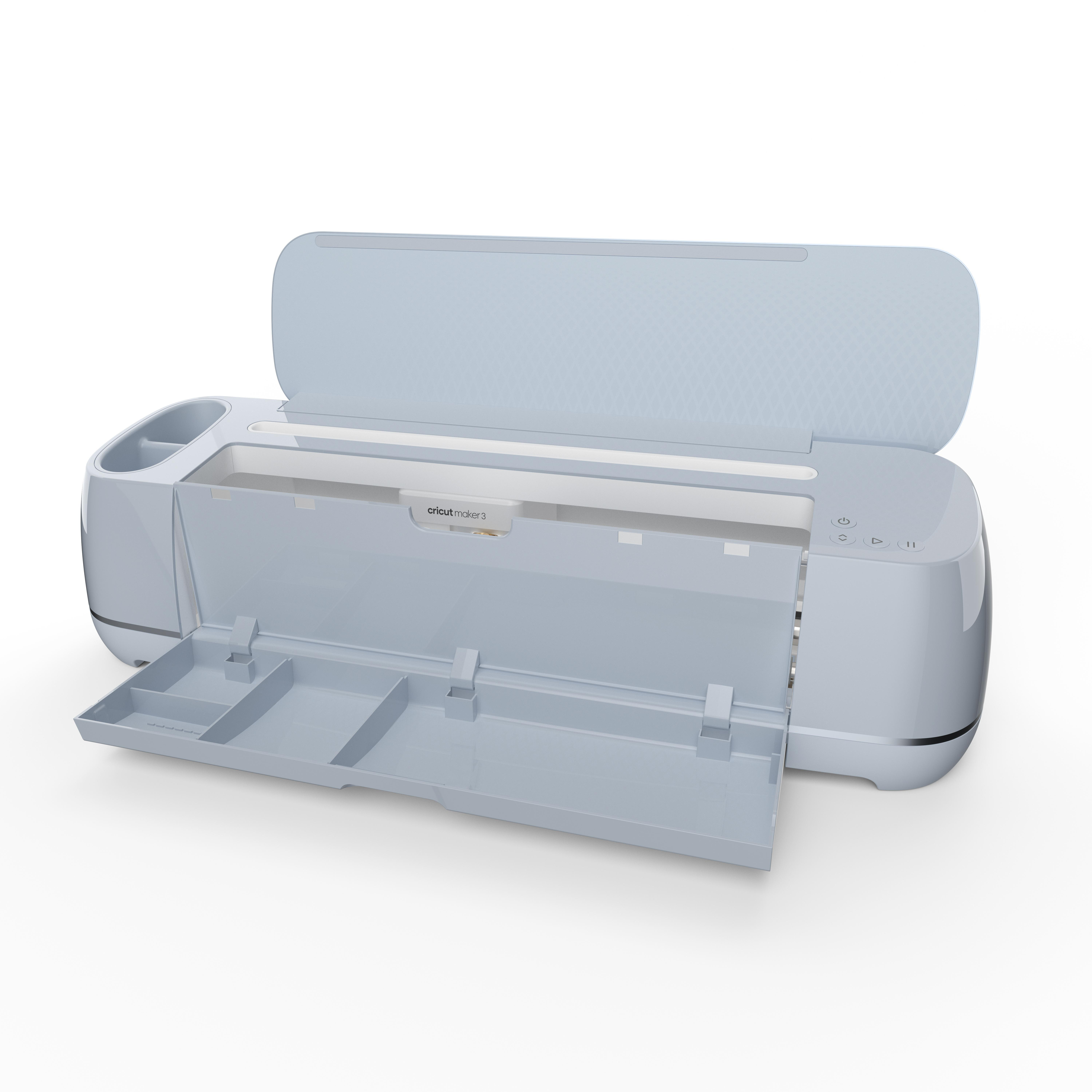 Eine hellblaue Cricut Maker 3 Maschine mit offenen Fächern und weißem Hintergrund.