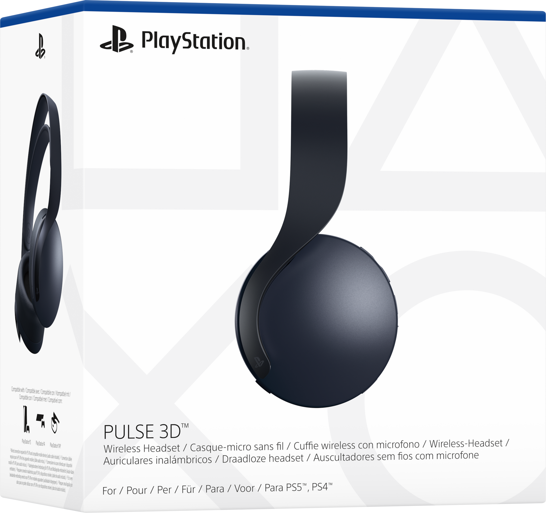 PlayStation Pulse 3D vezeték nélküli headset doboza. A headset fekete. Több nyelven felirat.